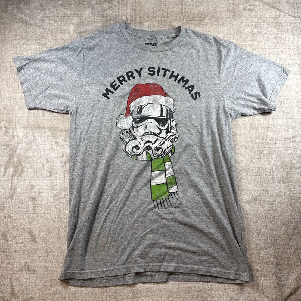 Star Wars Merry Sithmas gray storm trooper Shirt Size S Santa scarf green